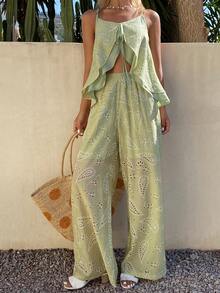 DAZY Bộ đồ nữ thường ngày gồm áo hai dây thêu hoa và quần ống rộng, thích hợp cho mùa xuân/hè. - màu xanh lá - Xem 4