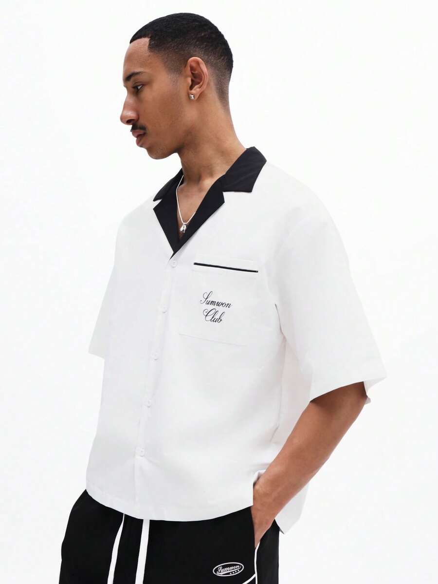 SUMWON Men's Short Sleeve Button Down Shirt With Contrast Black Collar And Chest Pocket Embroidered Logo Detail Summer Casual - Black and White - View 1