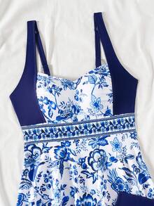 Swim Lushoire 女士蓝白瓷花印花吊带泳衣套装 蓝白泳装沙滩装 - 彩色 - 查看 7