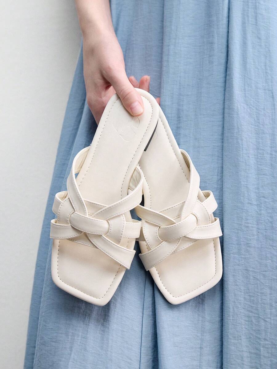 CUCCOO BIZCHIC Beach Daily Outer Wear Square Toe Slippers Women's Spring And Summer New Fashion Simple And Versatile Slip-On Shoes Holiday Comfortable Soft-Soled Sandals - Off-white - View 1