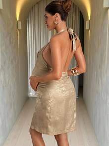 MaterniChic Vestido de maternidad con escote en pico, espalda descubierta y lazada, sexy para vacaciones y fiestas - Dorado - Ver 9