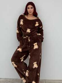 Bearsaez 女款卡通熊图案抓绒斜肩卫衣和裤子套装，秋冬 - 棕色 - 查看 6