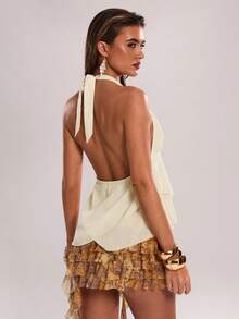 SHEIN BAE 纯色露背吊带不对称下摆雪纺上衣，适合休闲度假、海滩度假、与朋友聚会、沙滩休闲吊带上衣、浅黄色上衣、音乐节、Y2K风格 - 淡黃色 - 查看 1