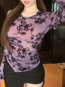 DAZY Asymmetrisk, figurnära långärmad t-shirt med sexig laserskuren design för dam, sommar - Blåröd - Visa 6