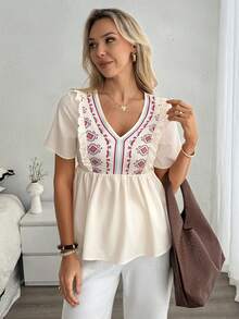 EMERY ROSE Apricot V Neck Peplum Blouse For Women Casual Short Sleeve Ruffle Hem Top With Plants Pattern - Apricot - View 3
