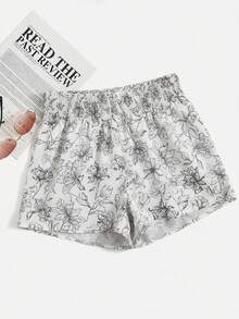 Easowa 女款夏季休閒度假花卉印花抽繩腰短褲，白色與黑色波希米亞風假期，灰色短款夏季 - 彩色 - 查看 4