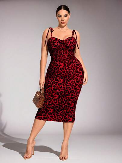SHEIN SXY Vestido de tirantes ajustables con lazo, parches de malla y estampado de leopardo para mujer de talla grande