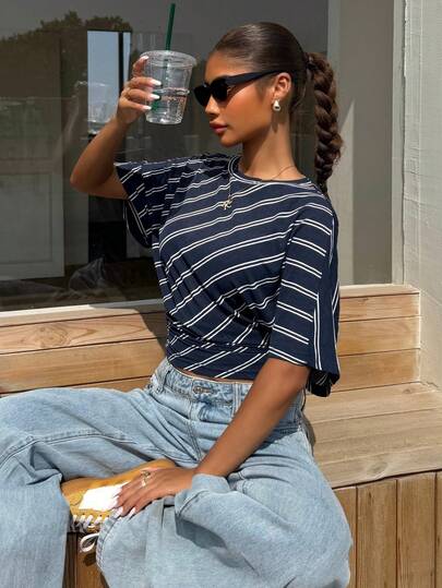 Muchica Women's Round Neck Striped Casual Versatile Daily Wear Long Sleeve T-Shirt