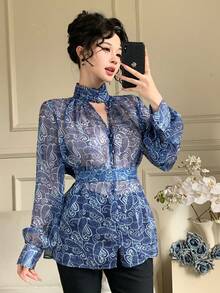 DAZY Women's Elegant Floral Print Stand Collar Belted Shirt, Spring - Blue - View 5