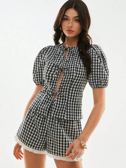 Poéselle Women's Cotton 2PS Gingham Puff-Sleeve Tie-Front Top & Lace-Trim Shorts Co-Ord Set – Playful Summer Matching Outfit Gingham Two Piece Set, Puff Sleeve Top, Tie Front Blouse, Matching Shorts Set, Cottagecore Outfit, Summer Co-Ord Women, Lace Trim Shorts, Picnic Outfit Ideas Plaid Short Sleeve Top And Shorts 2 Pieces Set Beach Outfit Summer Holiday Outfits
