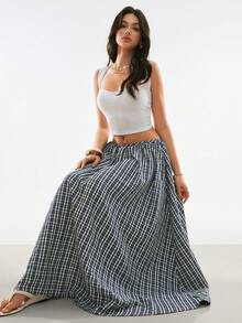 Poéselle Women's Plaid Loose Fit Fashionable Versatile Long Skirt, Summer - Blue - View 2
