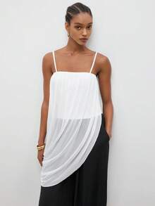 MAIJA Summer Elegant Solid Satin Cowl Neck Slip Cami Top - White - View 4