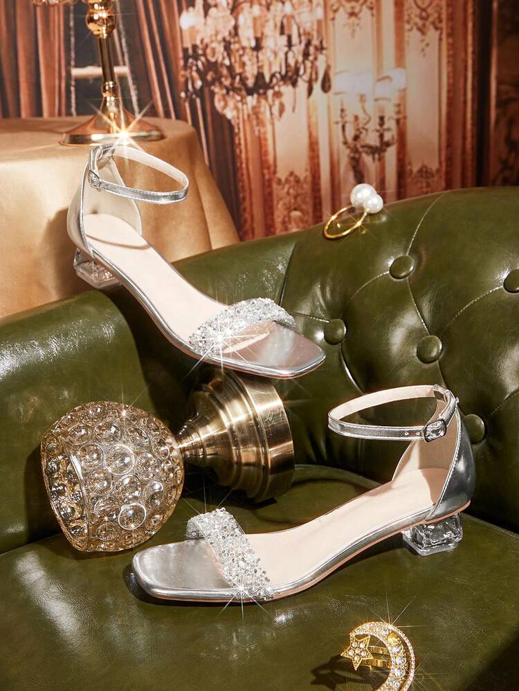 CUCCOO TILAWA Fashionable Transparent Asymmetric Thick Heel Women's Rhinestone Decor Sandals, Square Toe Glossy Lace-Up High Heel Sandals, Comfortable Heel Type Party & Daily Wear Women Sandals