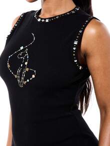 BABYPHAT Vestido mini negro de mujer con cuello redondo, sin mangas, ajustado al Body, con aplicaciones de pedrería y strass para fiesta, cóctel y noche - Negro - Ver 4