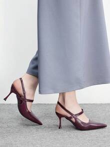 CUCCOO BIZCHIC 女士新款尖头哑光酒红色后系带细高跟凉鞋，时尚性感春季鞋履 - 酒紅色 - 查看 8