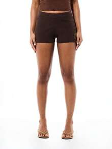 BABYPHAT Women's High Rise Ribbed Knit Micro Length Booty Shorts With Gold Logo Detail Fitted Casual Loungewear Bottom - Brown - View 1