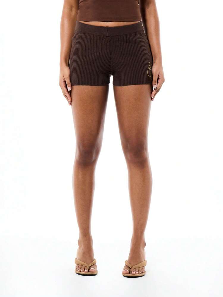 BABYPHAT Women's High Rise Ribbed Knit Micro Length Booty Shorts With Gold Logo Detail Fitted Casual Loungewear Bottom
