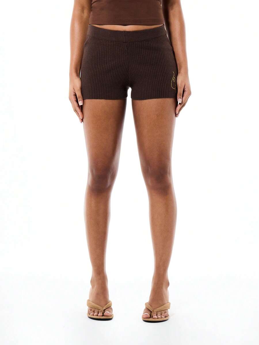 BABYPHAT Women's High Rise Ribbed Knit Micro Length Booty Shorts With Gold Logo Detail Fitted Casual Loungewear Bottom - Brown - View 1