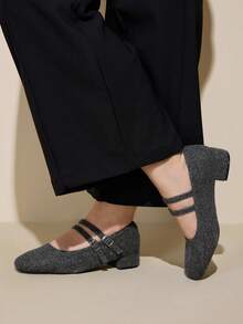 CUCCOO CURVES 2026 New Commuter French Elegant Professional Thick Heel Fat Shoes Low Vamp Flat Sole Shoes Women Wear Work Shoes Square Toe Not Tired Feet - Light Grey - View 4