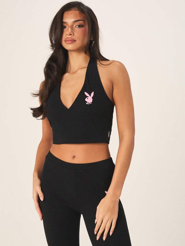 Missguided x Playboy Women's Logo Black Deep V-Neck Halter Crop Cami Tank Top With Pink Bunny Print