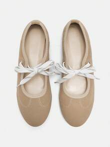 ROMWE Kawaii 女士休闲系带软底平底鞋，仿麂皮圆头裸色芭蕾平底鞋，适合暑假、夏季促销、返校季、学生装、圣诞节、秋季、新年 - 杏色 - 查看 5