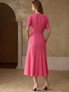 MOTF PREMIUM WOMEN'S 100% LINEN CASUAL & DATE ROUND NECK SHORT SLEEVE MIDI DRESS, SPRING/SUMMER - Hot Pink - View 3