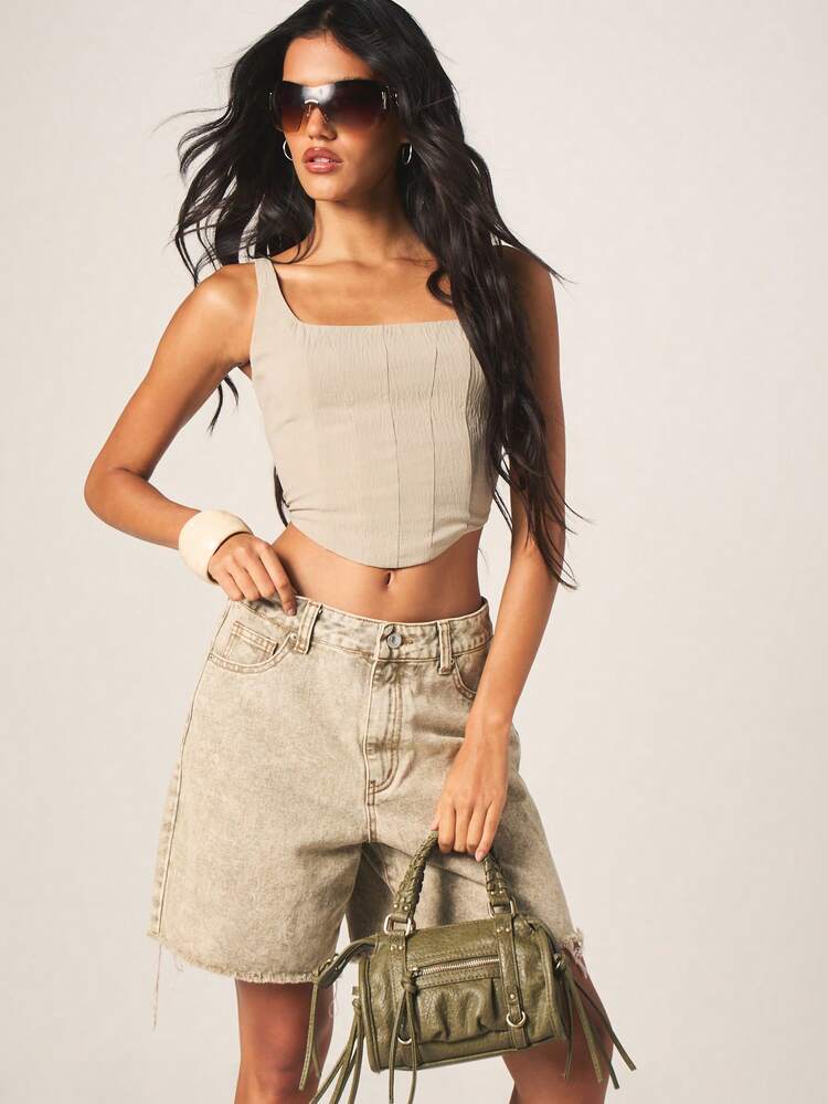 MISSGUIDED Textured Square Neck Corset Cami Top With Adjustable Straps And Cropped Length For Summer Casual