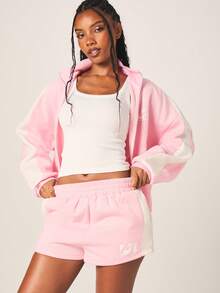 MISSGUIDED Women's Pink White Colorblock Panel Detail Elastic Waist Shorts With Side Stripes Summer Casual Drawstring Running Athleisure Shorts - Pink - View 2