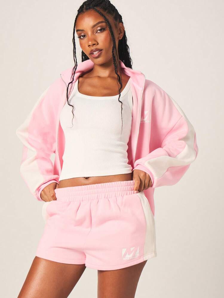MISSGUIDED Short décontracté d'été pour femmes avec taille élastique, détails de panneaux de couleur rose et blanc, rayures latérales et cordon de serrage. Short de loisirs sportifs