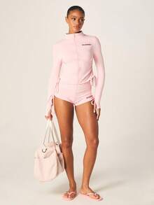 Missguided x Playboy 侧边褶皱修身拉链运动夹克搭配同款高腰褶皱抽绳运动短裤两件套 - 粉色 - 查看 5