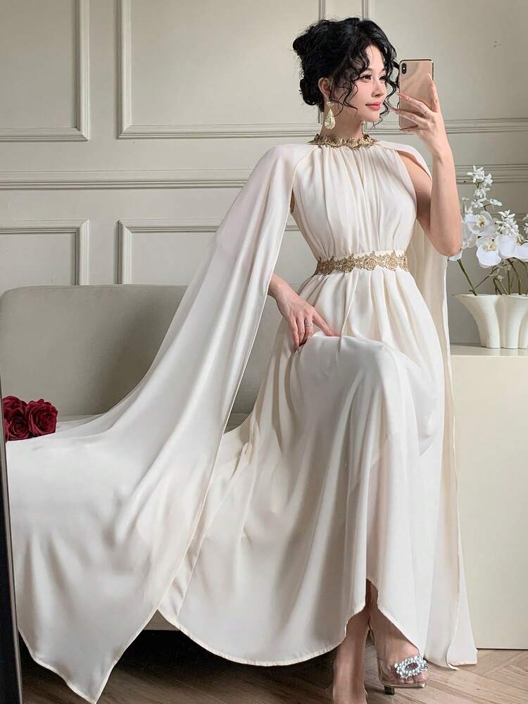 Women's Elegant Contrast Color Lace Patchwork Extra Long Sleeve Belted Dress, Spring/Summer Sun Dresses For Women