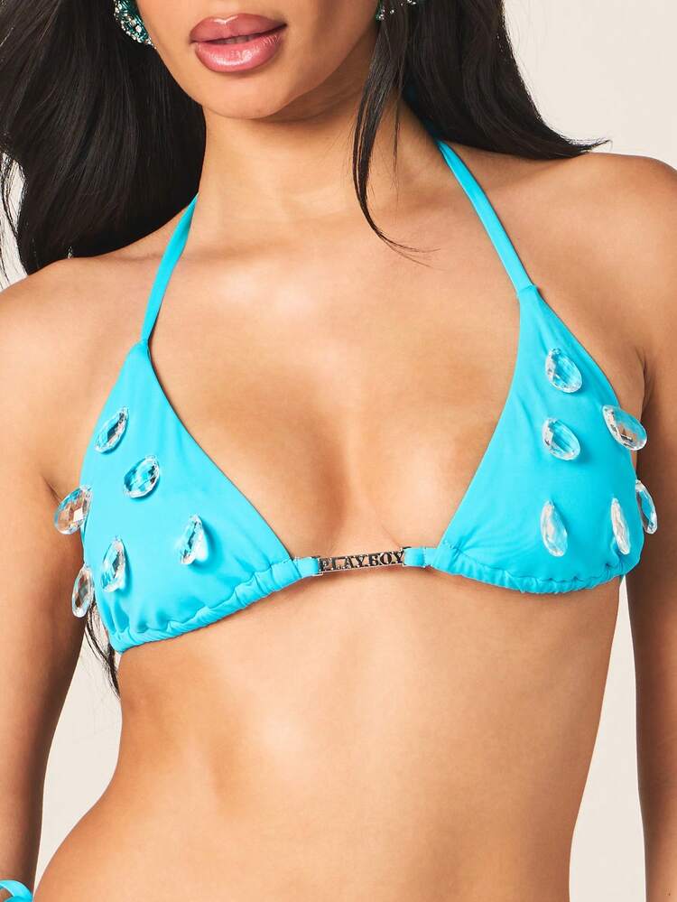 Missguided x Playboy Diamante Droplet Triangle Bikini Set Halter V-Neck Two Piece Swimwear Rhinestone Embellished Summer Beach Vacation Pool Party Crystal Accent Swimsuit