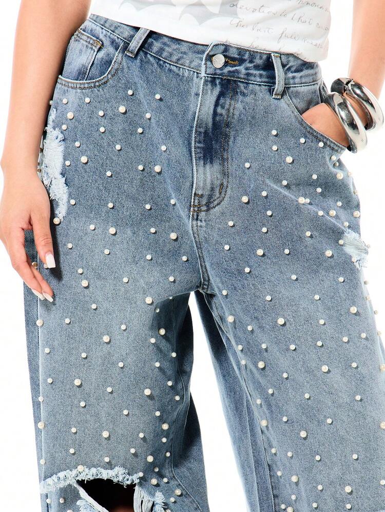 SUMWON WOMEN Perlenbesetzte, zerrissene Jeans mit weitem Bein