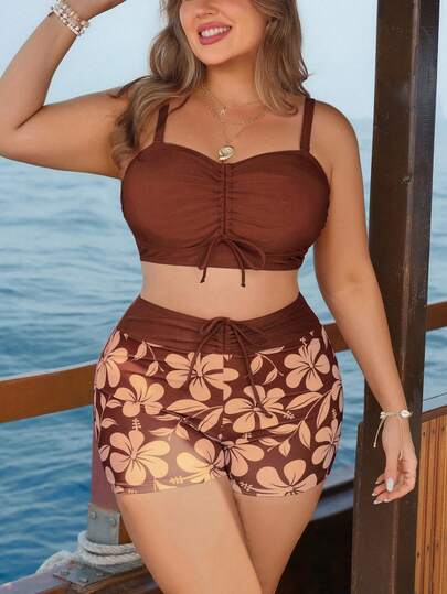 Swim Lushoire Plus Size 2pcs Set Caramel Brown Drawstring Camisole Top & High Waist Ditsy Floral Swim Shorts, Beach Holiday