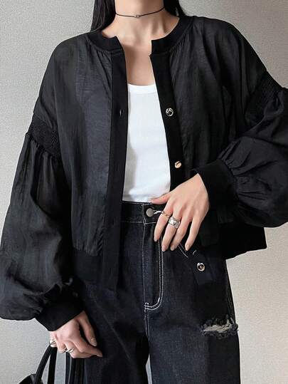 FRIFUL Women's Casual Commuting Raglan Loose Patchwork Lantern Sleeve Single-Breasted Open Front Jacket, Suitable For Spring, Summer And Autumn