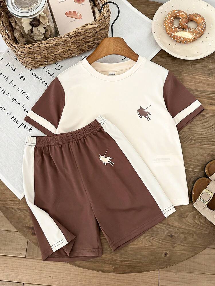 Young Boys' White & Color Block Horse Logo Crew Neck Short Sleeve T-Shirt And Shorts Set, 2pcs, Casual, Comfortable, Versatile, Suitable For Daily Wear, Outings, Outdoor, Holidays, Parties, Summer Beach, Spring/Summer Young Boys Tracksuits Sets Young Boys Clothes Brown Outfit For Kids Boy - Khaki - View 3