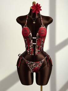 Zestiva 女士两件套豹纹玫瑰花卉细肩带系带三角比基尼泳衣套装 - 彩色 - 查看 3