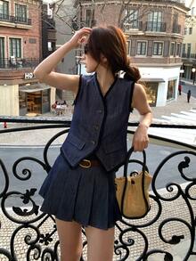 DAZY Bộ đồ thời trang nữ gồm áo vest và chân váy denim không tay, thêu tua rua, nhuộm tie-dye, có tua rua. - Màu xanh lam - Xem 1