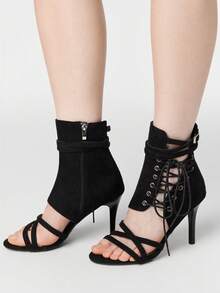 ROMWE Goth Ladies High Heel Sandals Dark Rock Punk Shoes Summer Open Toe Cross Strap Dress Boots Pointed Stiletto Commuter Work Shoes Mesh Sexy Party Shoes - Black cloth - View 3