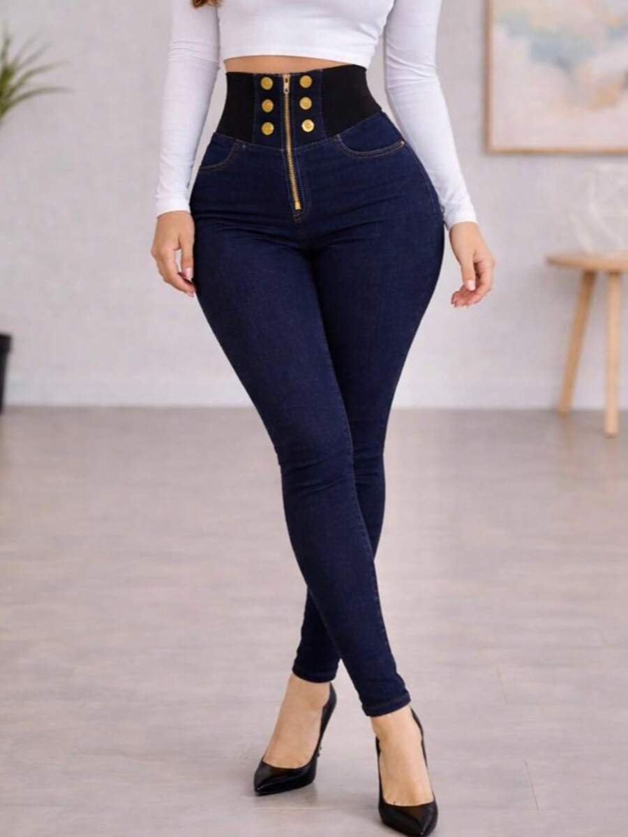 Pantalón de Mezctilla Tipo Costillero Ajustado. Stretch. Mezclilla Suave y Elástica - Azul Marino - Ver 1