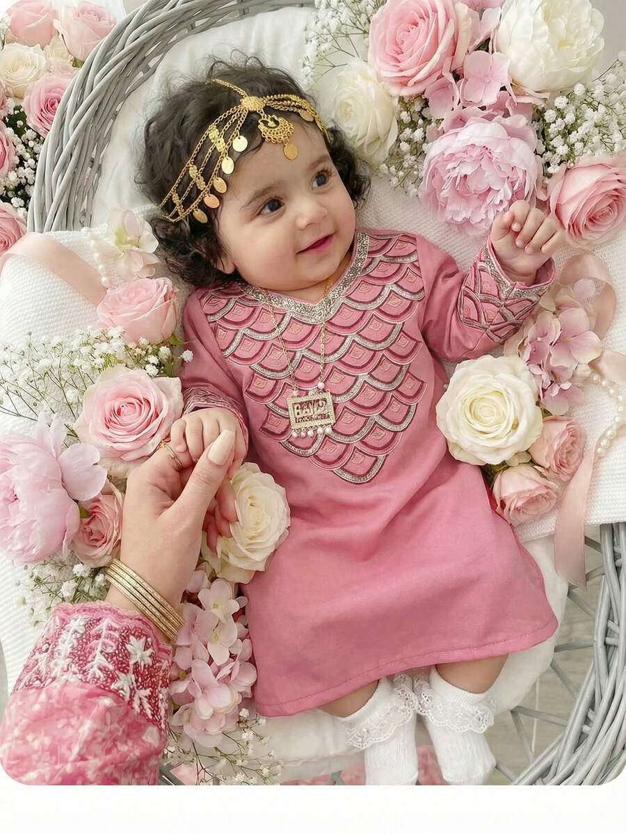 SHEIN Newborn Baby Girl Cute Floral Print Loose Long Sleeve Dress,Kids - Pink - View 1