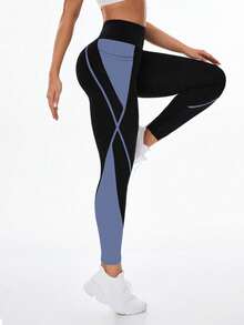 Exploreva Fitted High Waist Comfortable Breathable Contrast Color Sports Leggings - Iron Gray - View 6