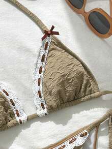 Swim Mod Women's Bikini Set 2-Piece,White,Summer,Elegant,Pool Party,Holiday,Bow Decor Ribbon Floral Texture Triangle Cup Swimwear,Boho Beach Resort Outfit - Baby Pink - View 4