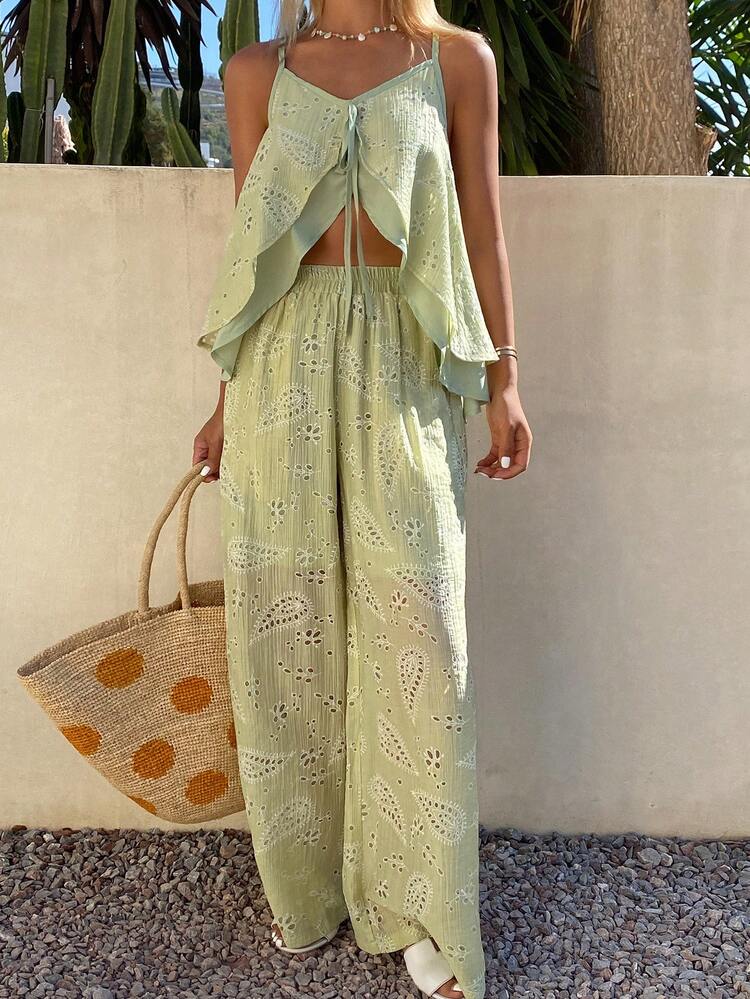Women's Casual Floral Embroidery Camisole And Wide Leg Pants 2 Pieces Set, Spring/Summer Boho Short Sets For Women