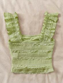 SHEIN 少女夏季绿色度假短袖蕾丝衬衫，纹理修身蕾丝上衣，适合下午茶、海滩度假等场合 - 綠色 - 查看 2