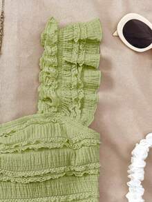 SHEIN 少女夏季绿色度假短袖蕾丝衬衫，纹理修身蕾丝上衣，适合下午茶、海滩度假等场合 - 綠色 - 查看 5