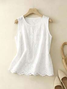 Rusticease Damblus med broderad ärmlös, enfärgad och urholkad design för semester och avslappnad fritid - Vitt - Visa 5