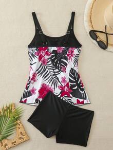 Swim Lushoire Spring/Summer New Leaf Print Round Neck Tankini Swimwear Set With Skirt Bottom, Mature & Conservative - Multicolor - View 7