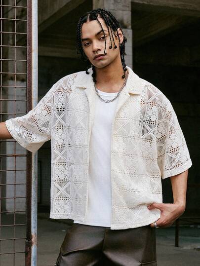 PAVTROS Men's Solid Color Loose Dropped Shoulder Turndown Collar Hollow Out Short Sleeve Shirt