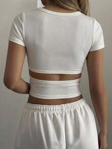 DAZY 女士夏季圆领露背镂空修身短款街头休闲性感短袖T恤 Y2k - 白色 - 查看 5